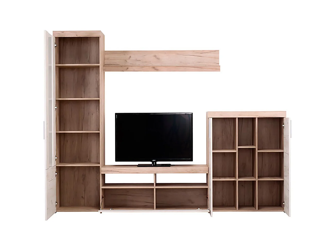 Ensemble TV avec vitrine, meuble TV, buffet et étagère couleur Chêne / Blanc - Longueur 262 x profondeur 35 x hauteur 195 cm