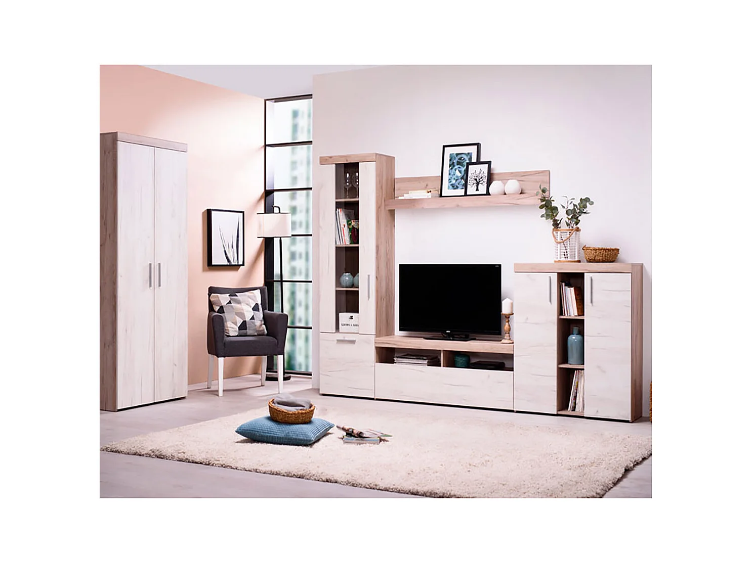 Ensemble TV avec vitrine, meuble TV, buffet et étagère couleur Chêne / Blanc - Longueur 262 x profondeur 35 x hauteur 195 cm