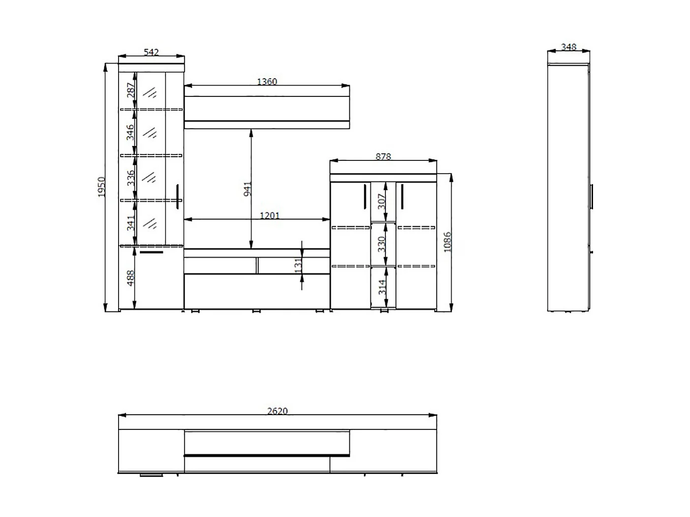 Ensemble TV avec vitrine, meuble TV, buffet et étagère couleur Chêne / Blanc - Longueur 262 x profondeur 35 x hauteur 195 cm