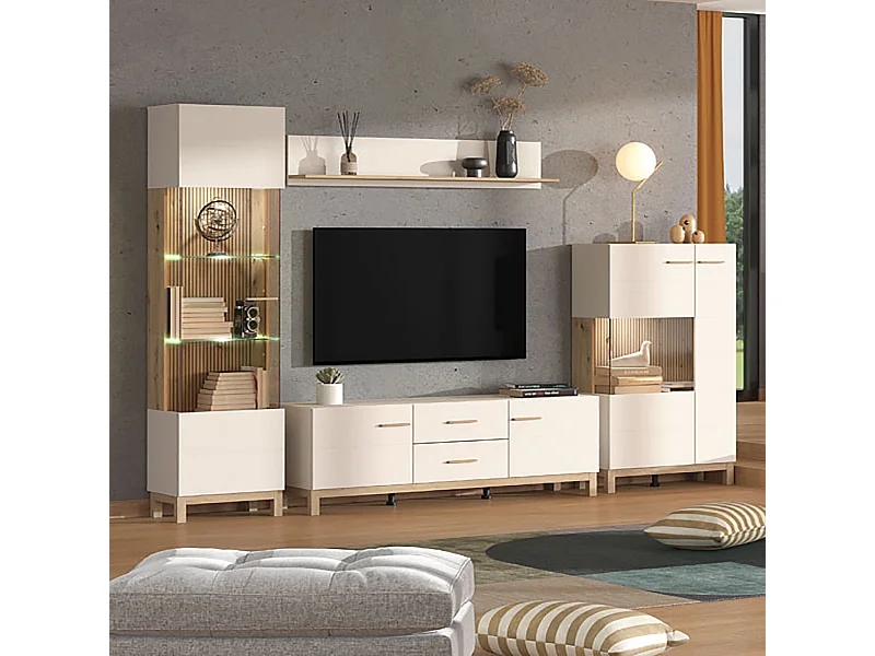 Ensemble salon avec 2 vitrine, meuble TV et buffet couleur beige / chêne artisan