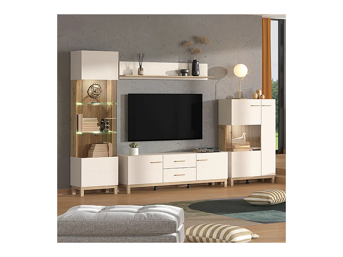 Ensemble salon avec 2 vitrine, meuble TV et buffet couleur beige / chêne artisan