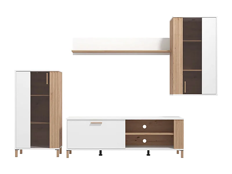 Ensemble TV avec vitrine, meuble TV, meuble haut et étagère couleur chêne artisan / blanc - Longueur 280,5 x profondeur 40 x hauteur 170 cm