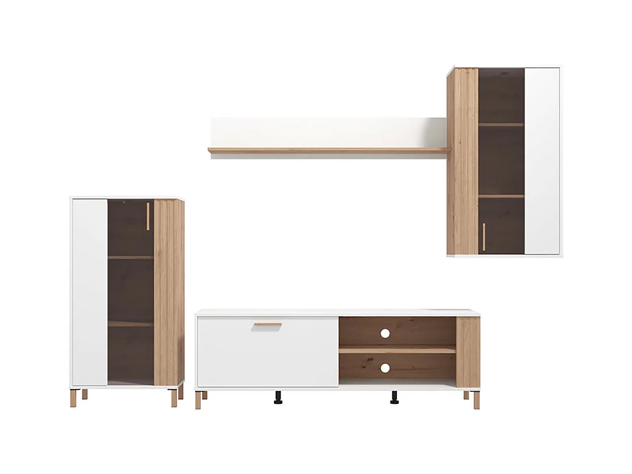 Ensemble TV avec vitrine, meuble TV, meuble haut et étagère couleur chêne artisan / blanc - Longueur 280,5 x profondeur 40 x hauteur 170 cm