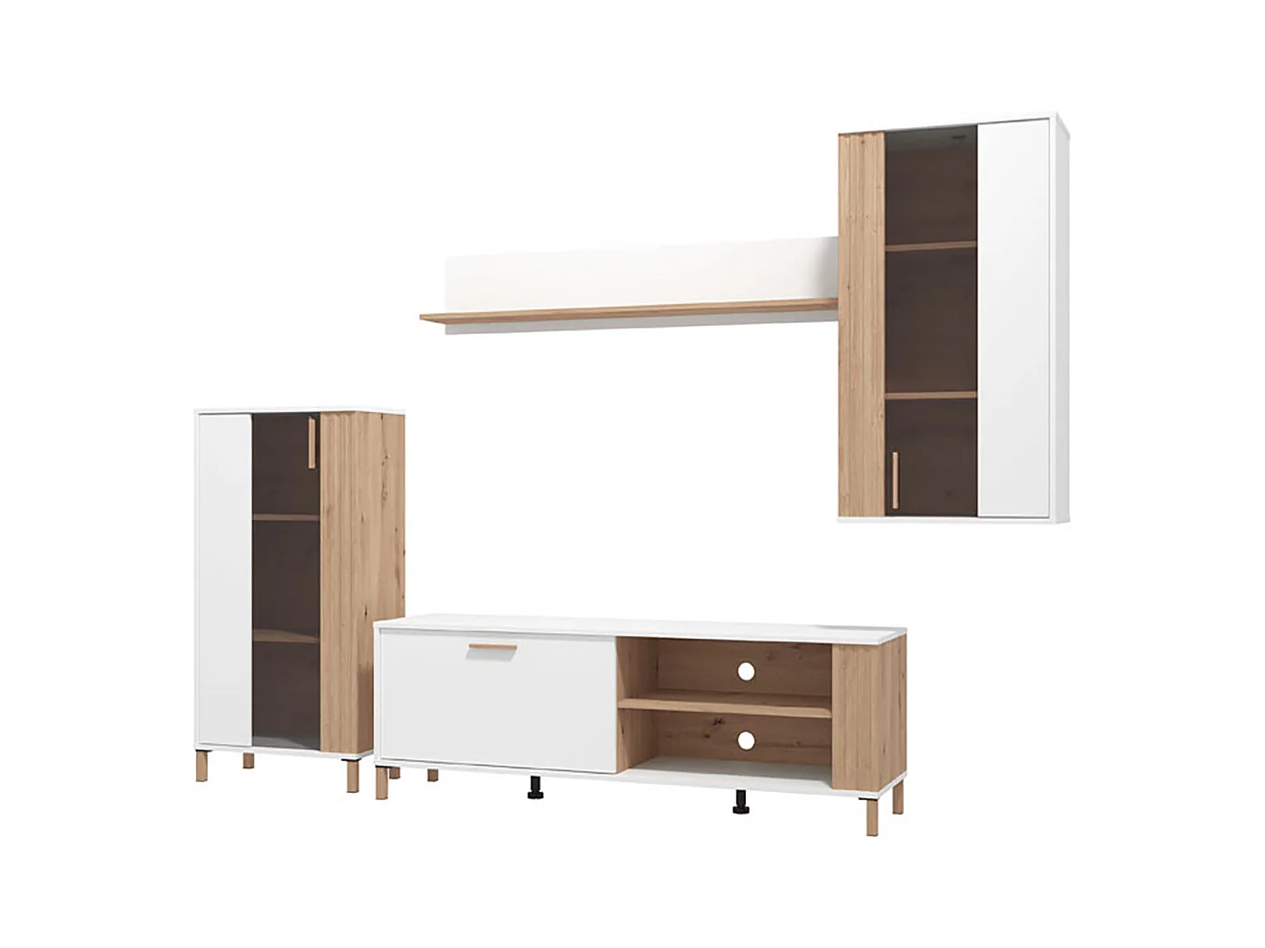 Ensemble TV avec vitrine, meuble TV, meuble haut et étagère couleur chêne artisan / blanc - Longueur 280,5 x profondeur 40 x hauteur 170 cm