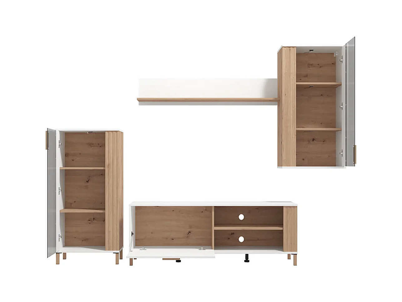 Ensemble TV avec vitrine, meuble TV, meuble haut et étagère couleur chêne artisan / blanc - Longueur 280,5 x profondeur 40 x hauteur 170 cm