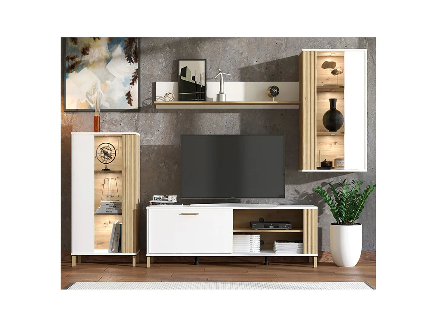 Ensemble TV avec vitrine, meuble TV, meuble haut et étagère couleur chêne artisan / blanc - Longueur 280,5 x profondeur 40 x hauteur 170 cm