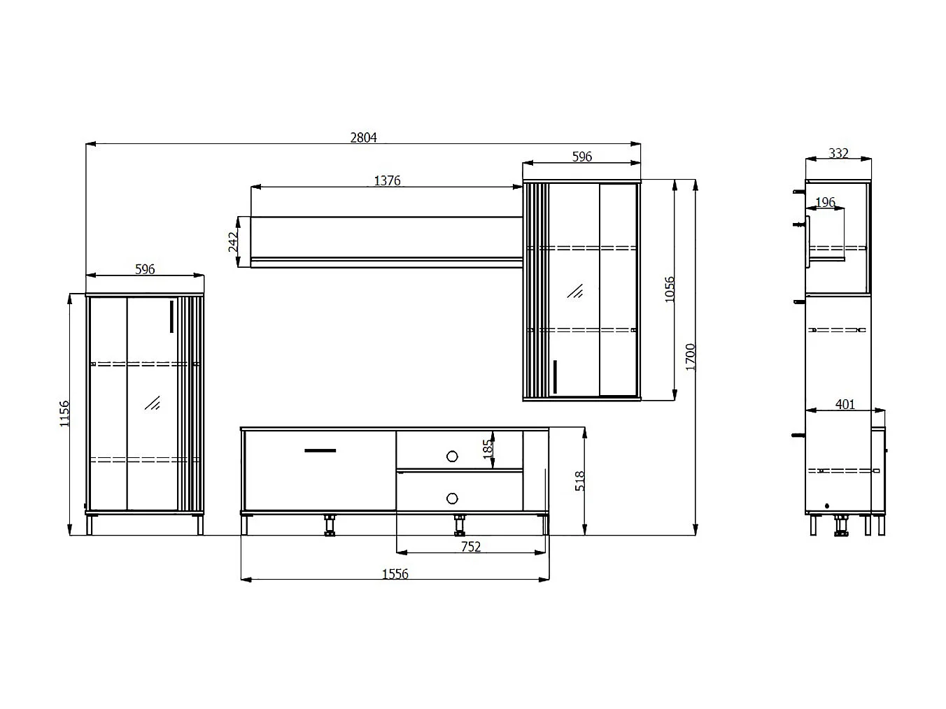 Ensemble TV avec vitrine, meuble TV, meuble haut et étagère couleur chêne artisan / blanc - Longueur 280,5 x profondeur 40 x hauteur 170 cm
