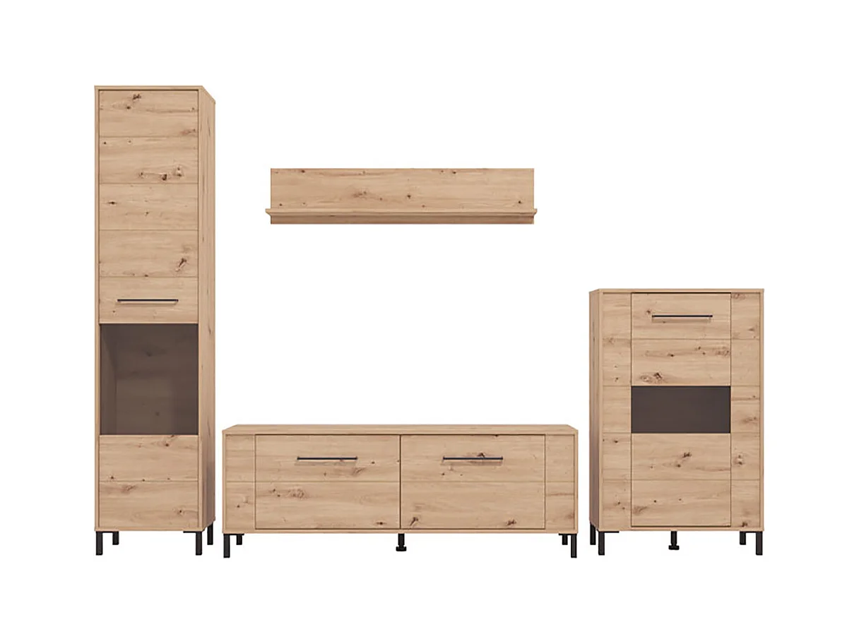 Ensemble TV avec vitrine, meuble TV, buffet haut et étagère couleur chêne artisan - Longueur 279 x profondeur 40 x hauteur 192,5 cm