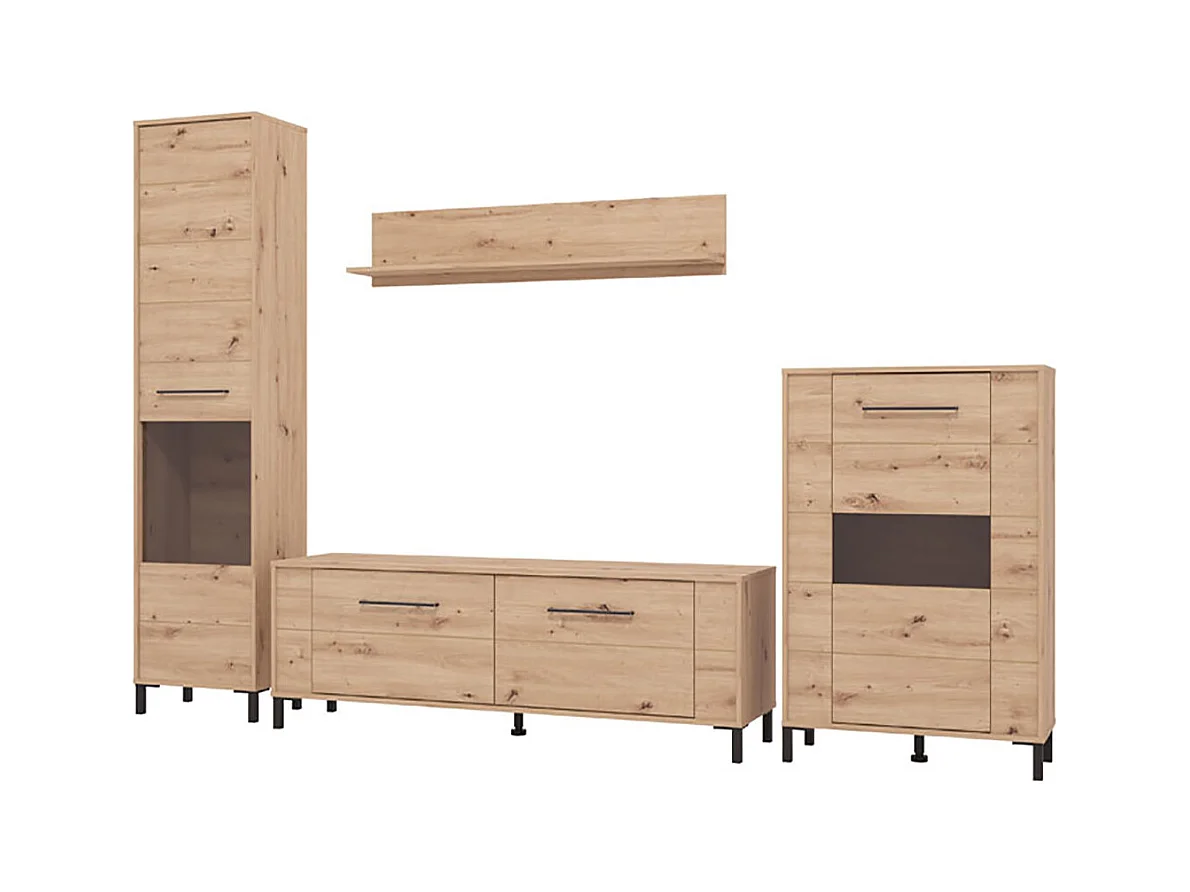 Ensemble TV avec vitrine, meuble TV, buffet haut et étagère couleur chêne artisan - Longueur 279 x profondeur 40 x hauteur 192,5 cm