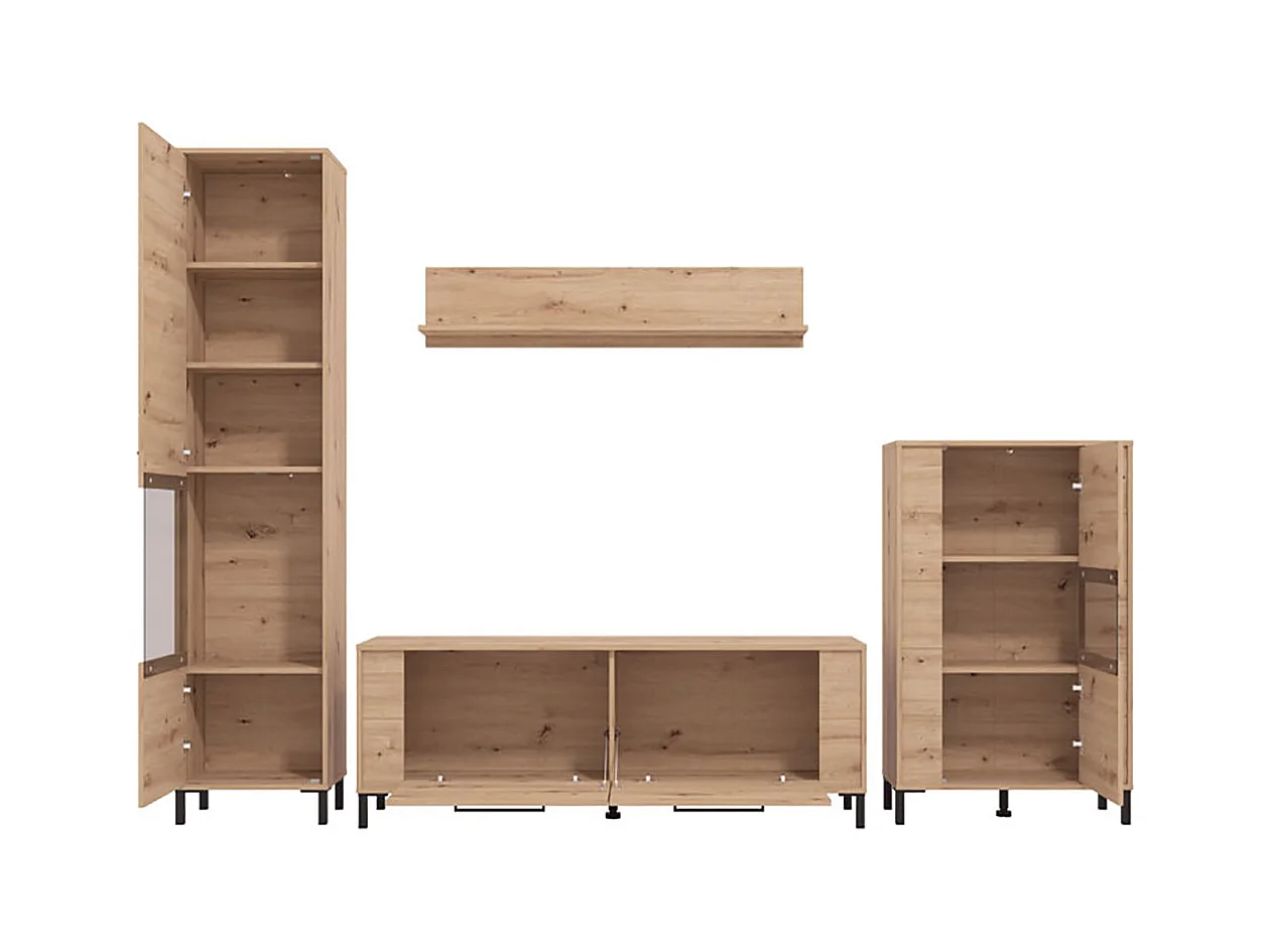 Ensemble TV avec vitrine, meuble TV, buffet haut et étagère couleur chêne artisan - Longueur 279 x profondeur 40 x hauteur 192,5 cm