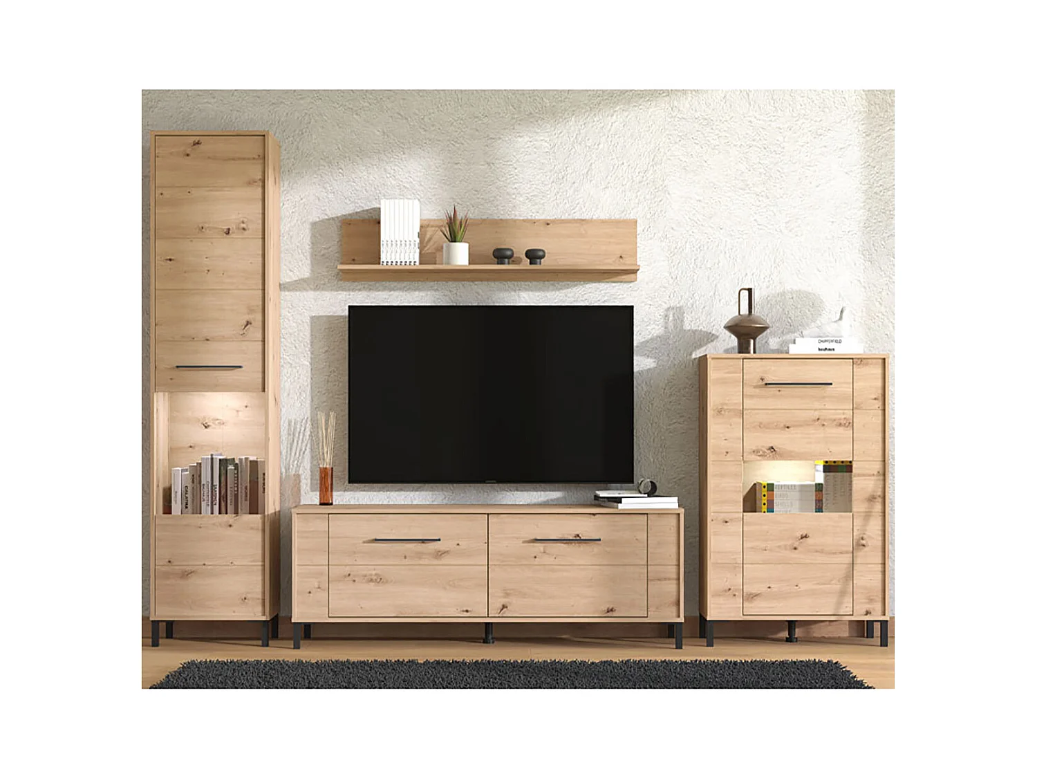 Ensemble TV avec vitrine, meuble TV, buffet haut et étagère couleur chêne artisan - Longueur 279 x profondeur 40 x hauteur 192,5 cm