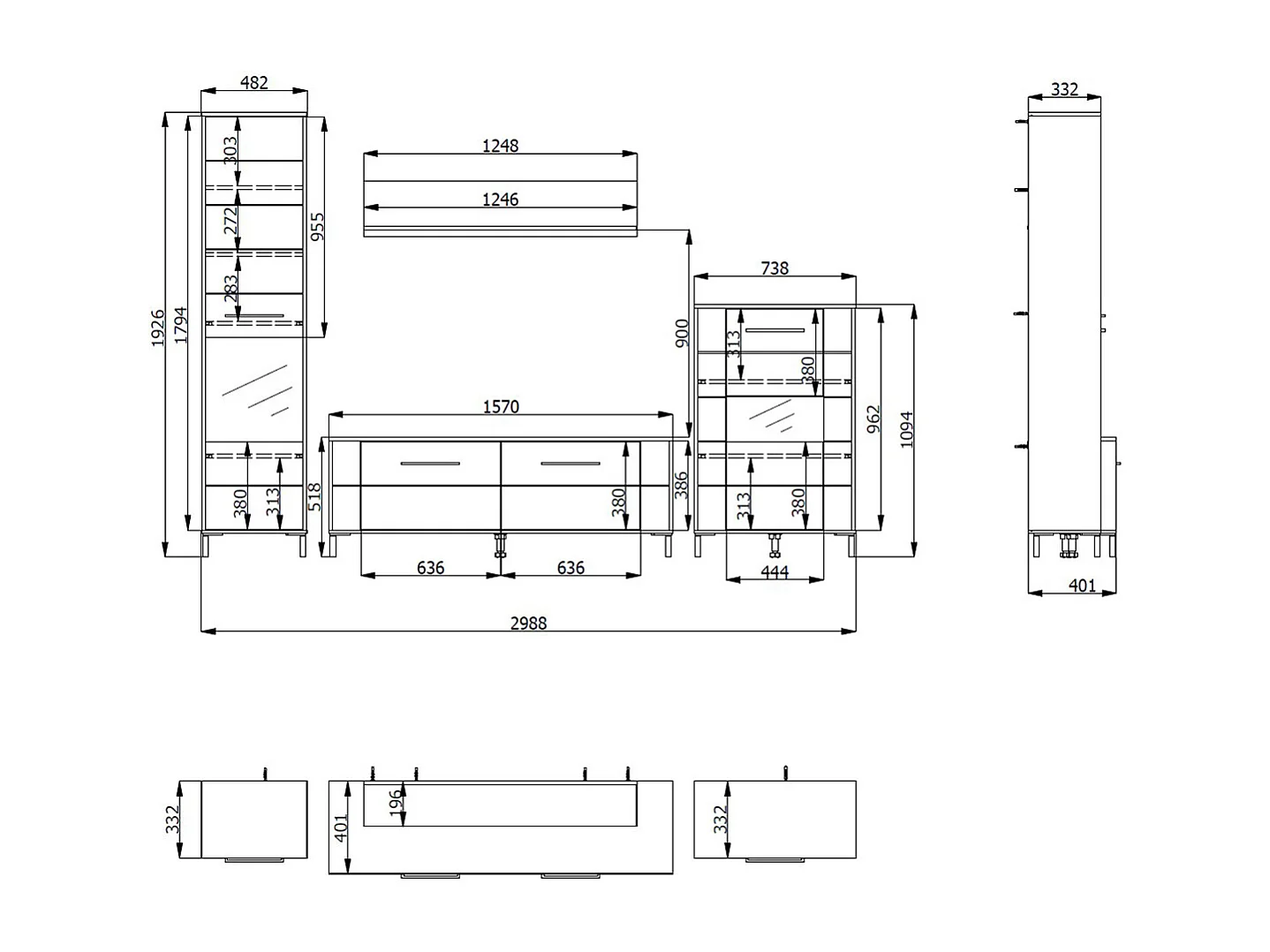 Ensemble TV avec vitrine, meuble TV, buffet haut et étagère couleur chêne artisan - Longueur 279 x profondeur 40 x hauteur 192,5 cm