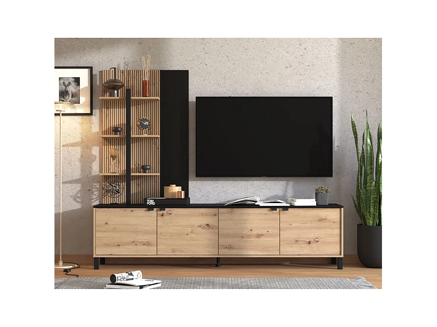 Ensemble TV couleur couleur Chêne artisan / noir - Longueur 208 x profondeur 40 x hauteur 167 cm