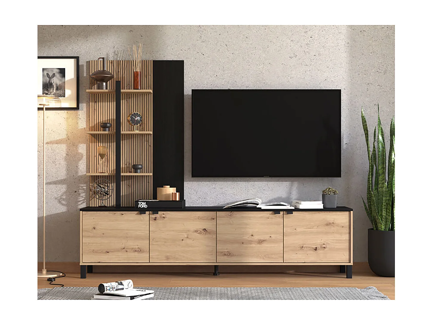 Ensemble TV couleur couleur Chêne artisan / noir - Longueur 208 x profondeur 40 x hauteur 167 cm