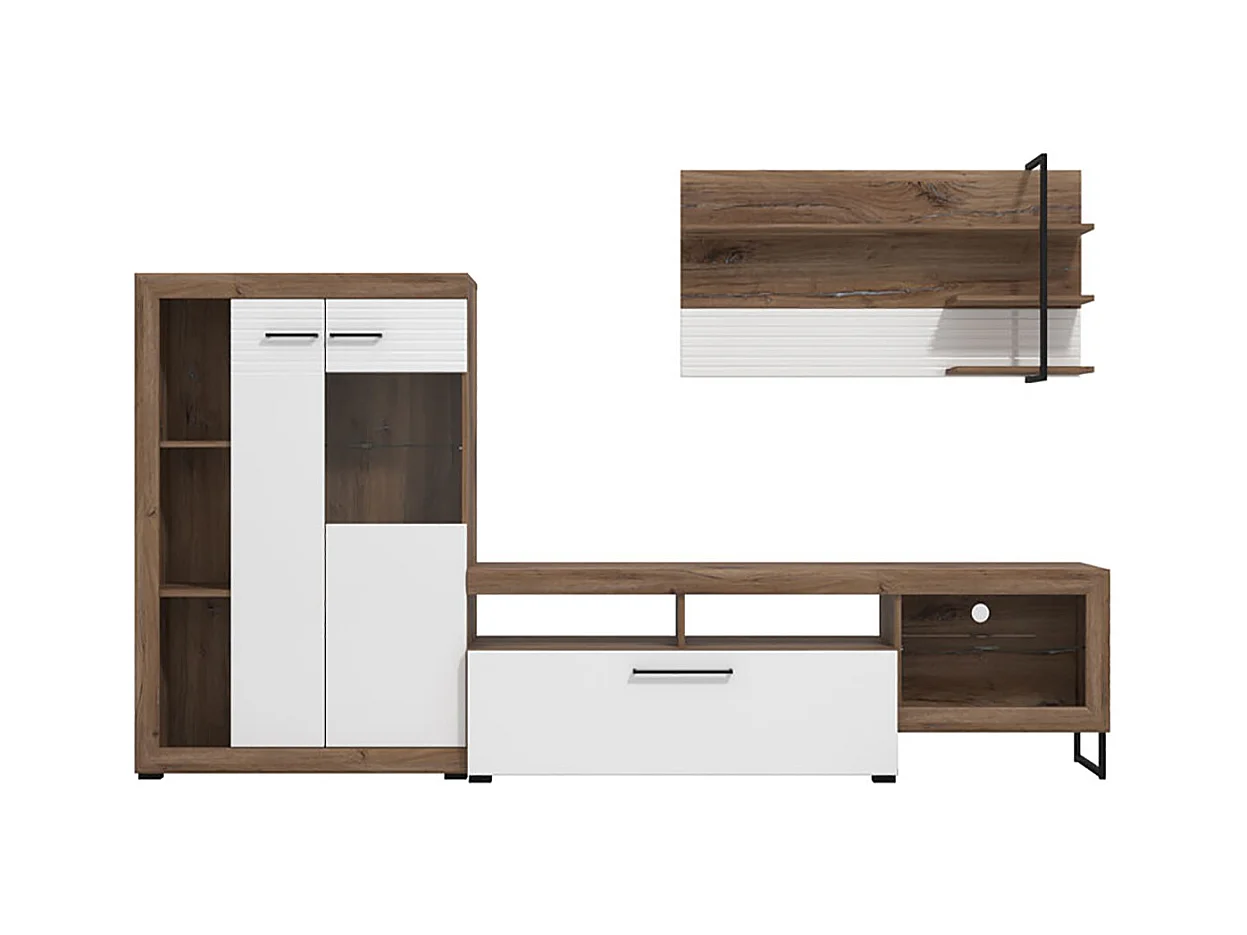 Ensemble TV avec vitrine, meuble TV et étagère couleur chêne / blanc brillant - Longueur 263 x profondeur 40 x hauteur 162,5 cm