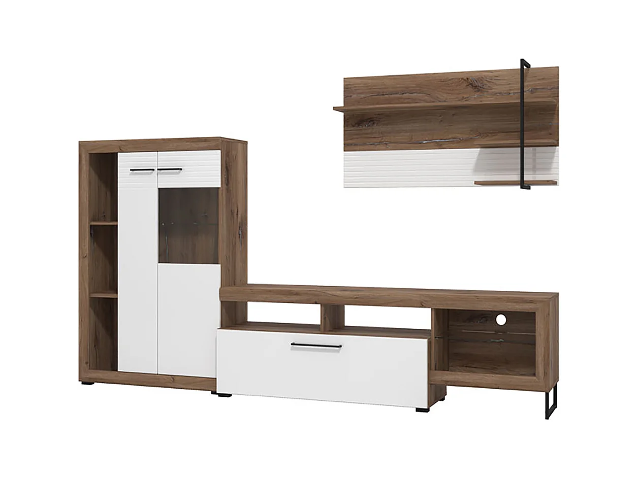 Ensemble TV avec vitrine, meuble TV et étagère couleur chêne / blanc brillant - Longueur 263 x profondeur 40 x hauteur 162,5 cm