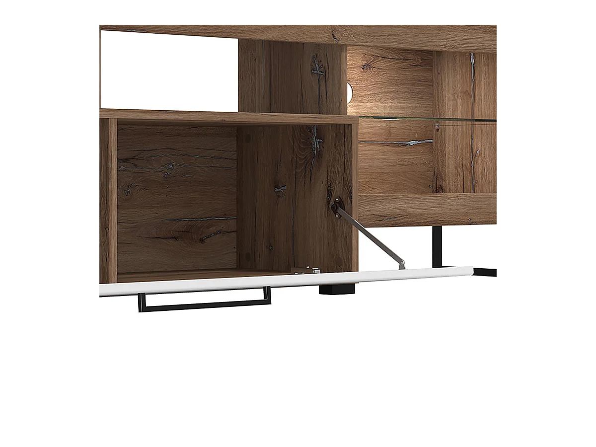 Ensemble TV avec vitrine, meuble TV et étagère couleur chêne / blanc brillant - Longueur 263 x profondeur 40 x hauteur 162,5 cm
