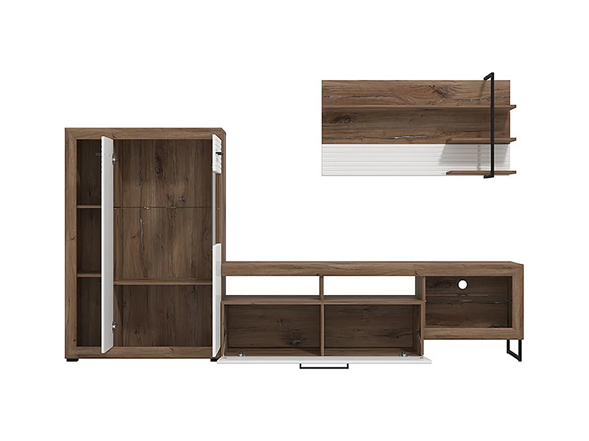 Ensemble TV avec vitrine, meuble TV et étagère couleur chêne / blanc brillant - Longueur 263 x profondeur 40 x hauteur 162,5 cm