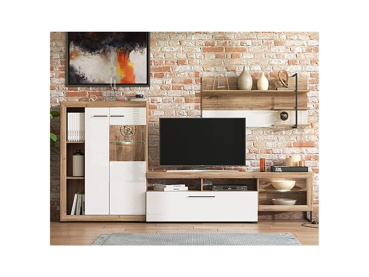 Ensemble TV avec vitrine, meuble TV et étagère couleur chêne / blanc brillant - Longueur 263 x profondeur 40 x hauteur 162,5 cm