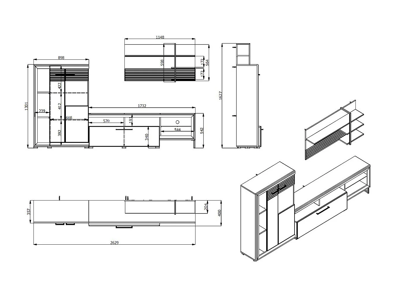 Ensemble TV avec vitrine, meuble TV et étagère couleur chêne / blanc brillant - Longueur 263 x profondeur 40 x hauteur 162,5 cm