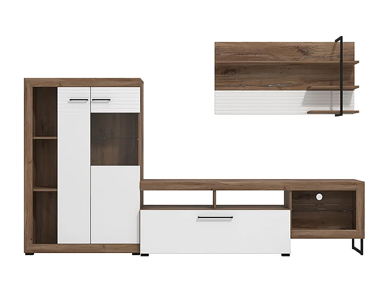 Ensemble TV avec vitrine, meuble TV et étagère couleur chêne / blanc brillant - Longueur 263 x profondeur 40 x hauteur 162,5 cm