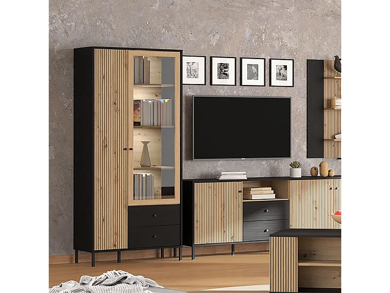 Ensemble salon avec vitrine, meuble TV et étagère murale couleur chêne artisan / chêne noir