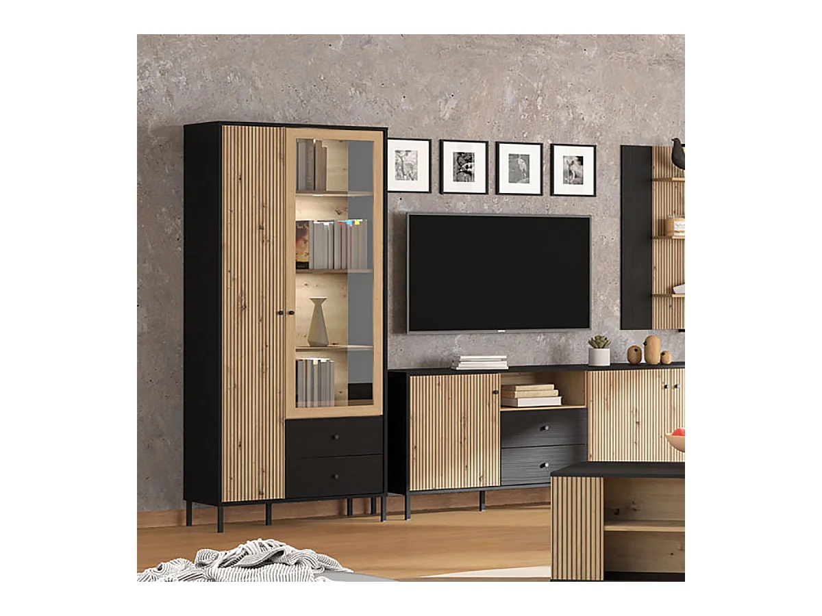 Ensemble salon avec vitrine, meuble TV et étagère murale couleur chêne artisan / chêne noir