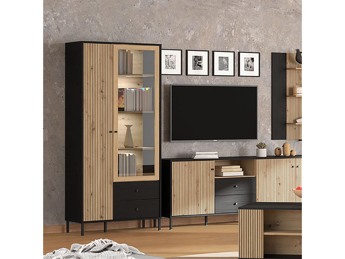 Ensemble salon avec vitrine, meuble TV et étagère murale couleur chêne artisan / chêne noir