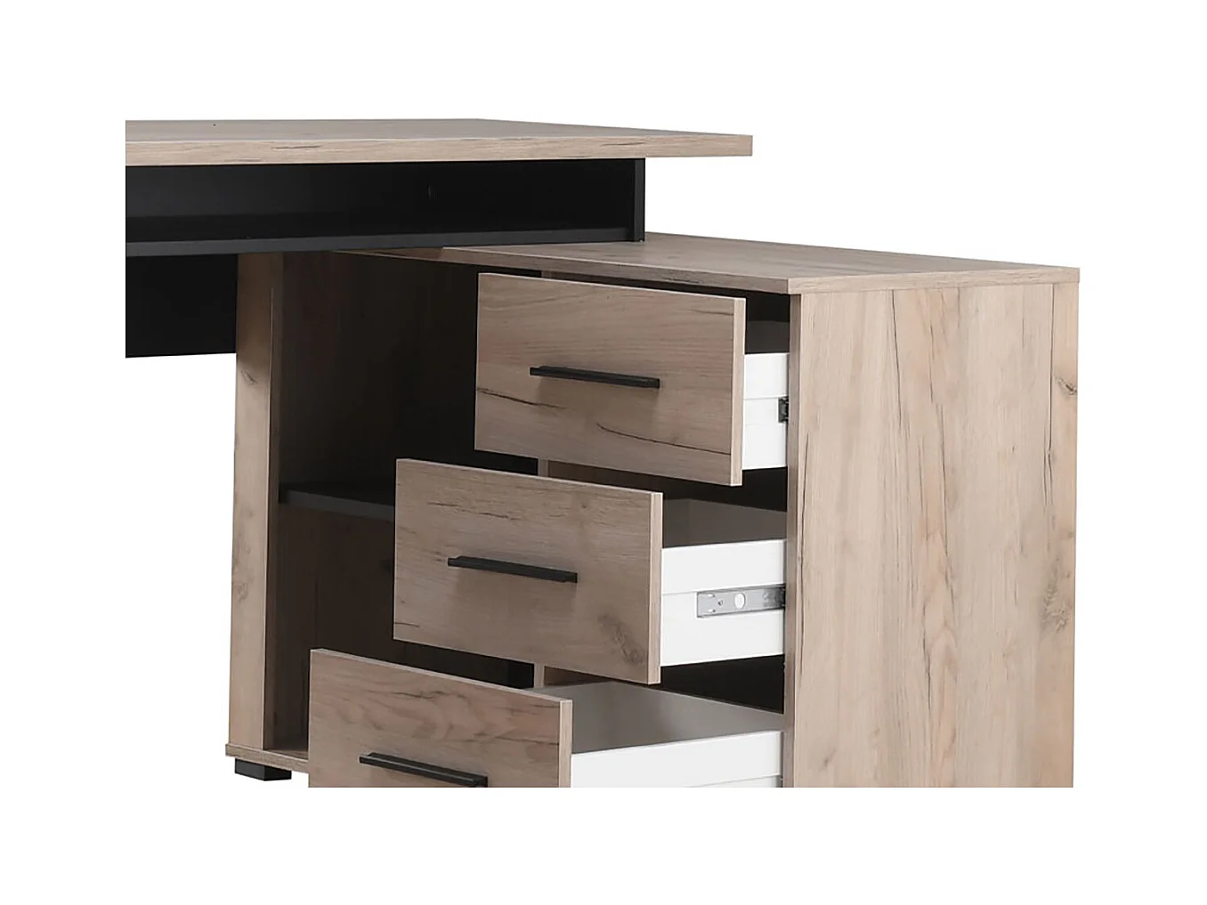 Bureau d'angle avec rangement couleur chêne gris / noir - Longueur 137,5 x profondeur 101,5 x hauteur 75cm