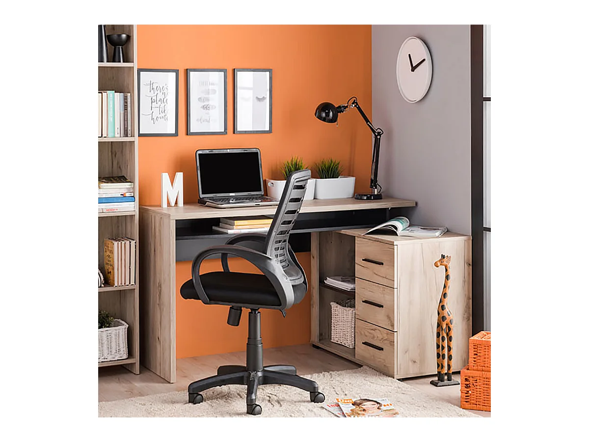 Bureau d'angle avec rangement couleur chêne gris / noir - Longueur 137,5 x profondeur 101,5 x hauteur 75cm