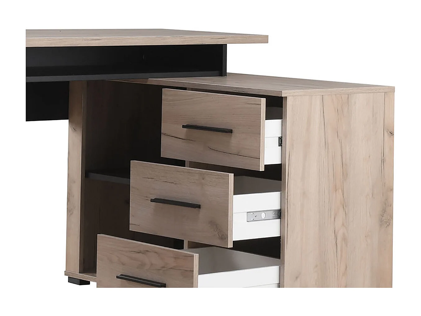 Bureau d'angle avec rangement couleur chêne gris / noir - Longueur 137,5 x profondeur 101,5 x hauteur 75cm