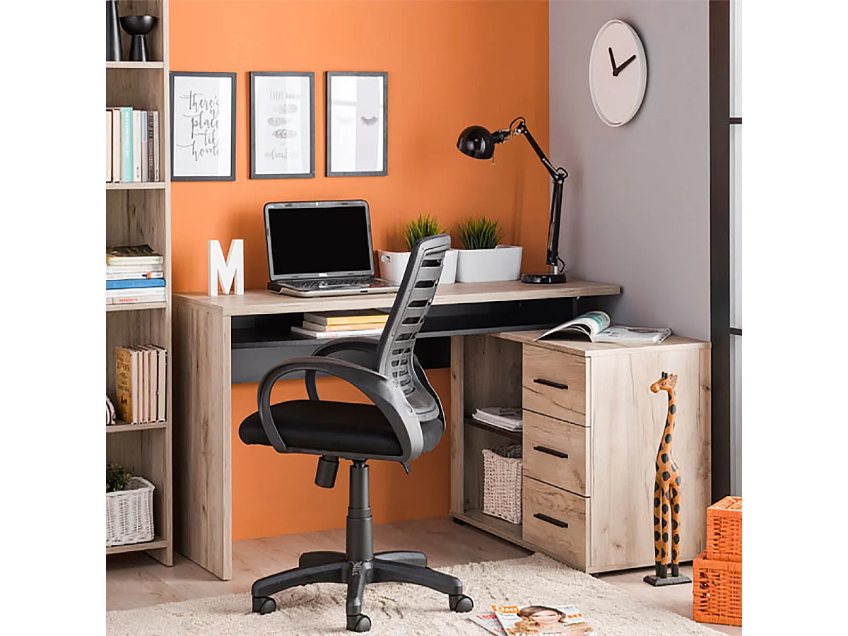 Bureau d'angle avec rangement couleur chêne gris / noir - Longueur 137,5 x profondeur 101,5 x hauteur 75cm