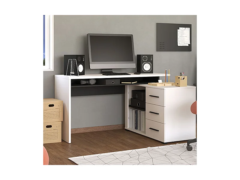 Bureau d'angle avec rangement couleur blanc / noir - Longueur 137,5 x profondeur 101,5 x hauteur 75cm
