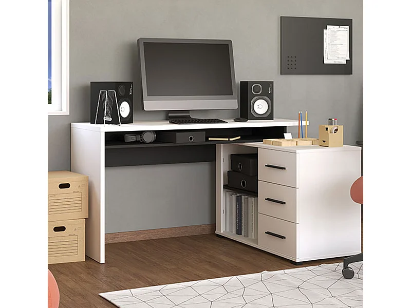 Bureau d'angle avec rangement couleur blanc / noir - Longueur 137,5 x profondeur 101,5 x hauteur 75cm