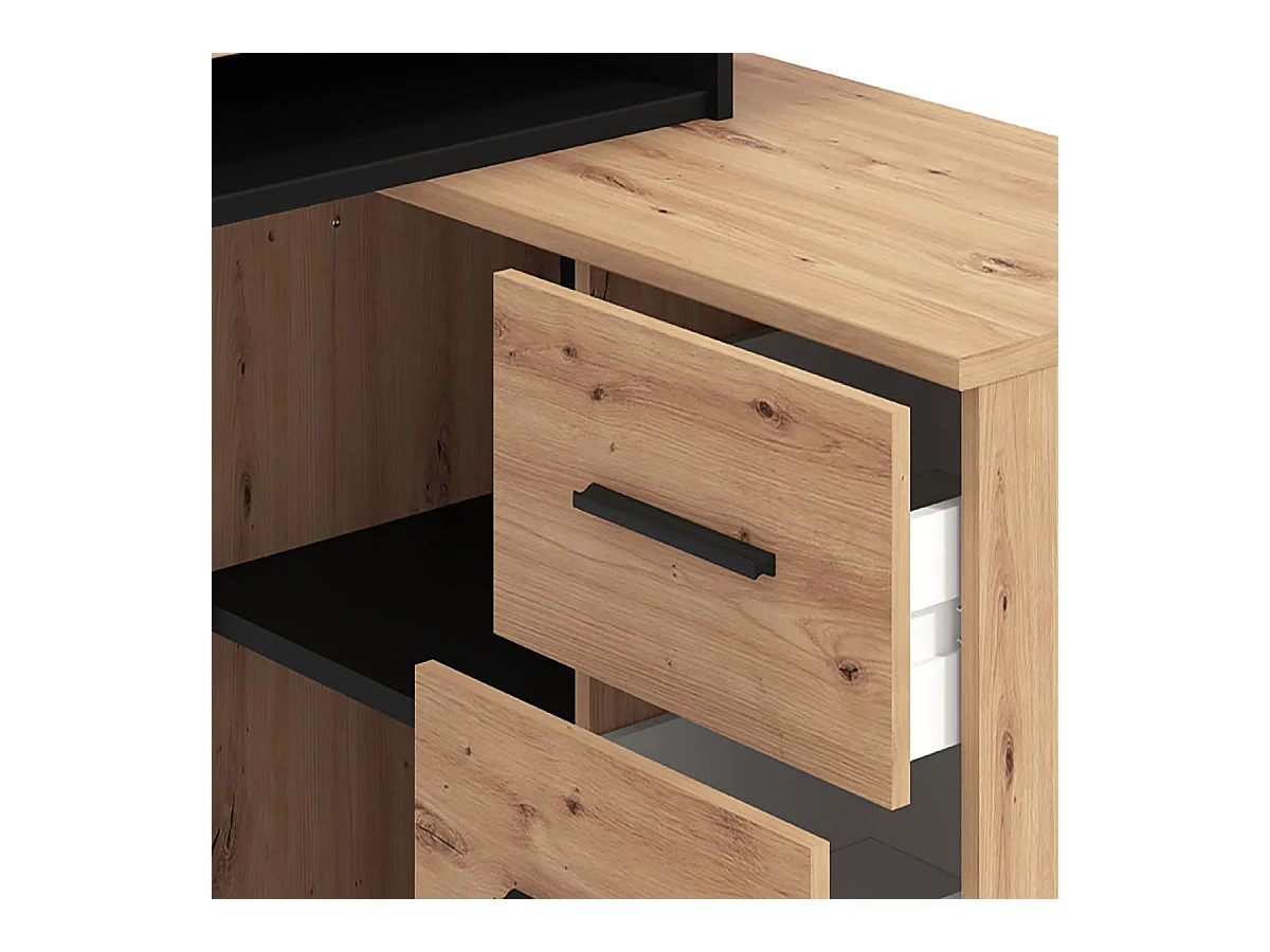 Bureau d'angle avec rangement couleur chêne artisan / noir - Longueur 137,5 x profondeur 101,5 x hauteur 75cm