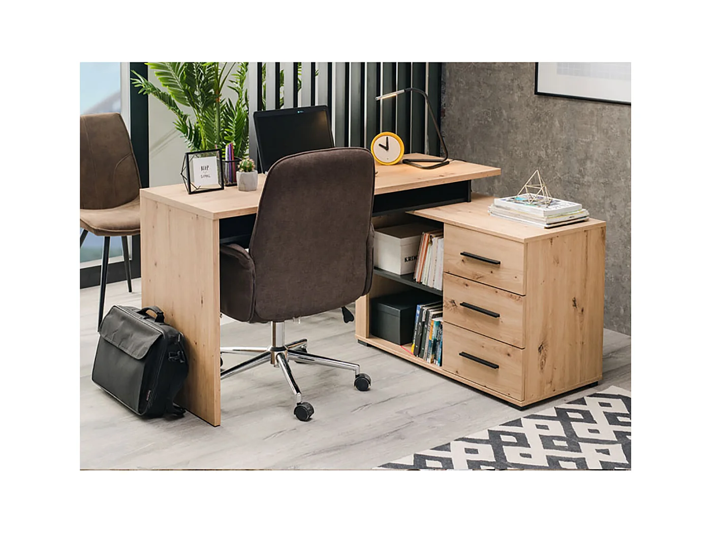 Bureau d'angle avec rangement couleur chêne artisan / noir - Longueur 137,5 x profondeur 101,5 x hauteur 75cm