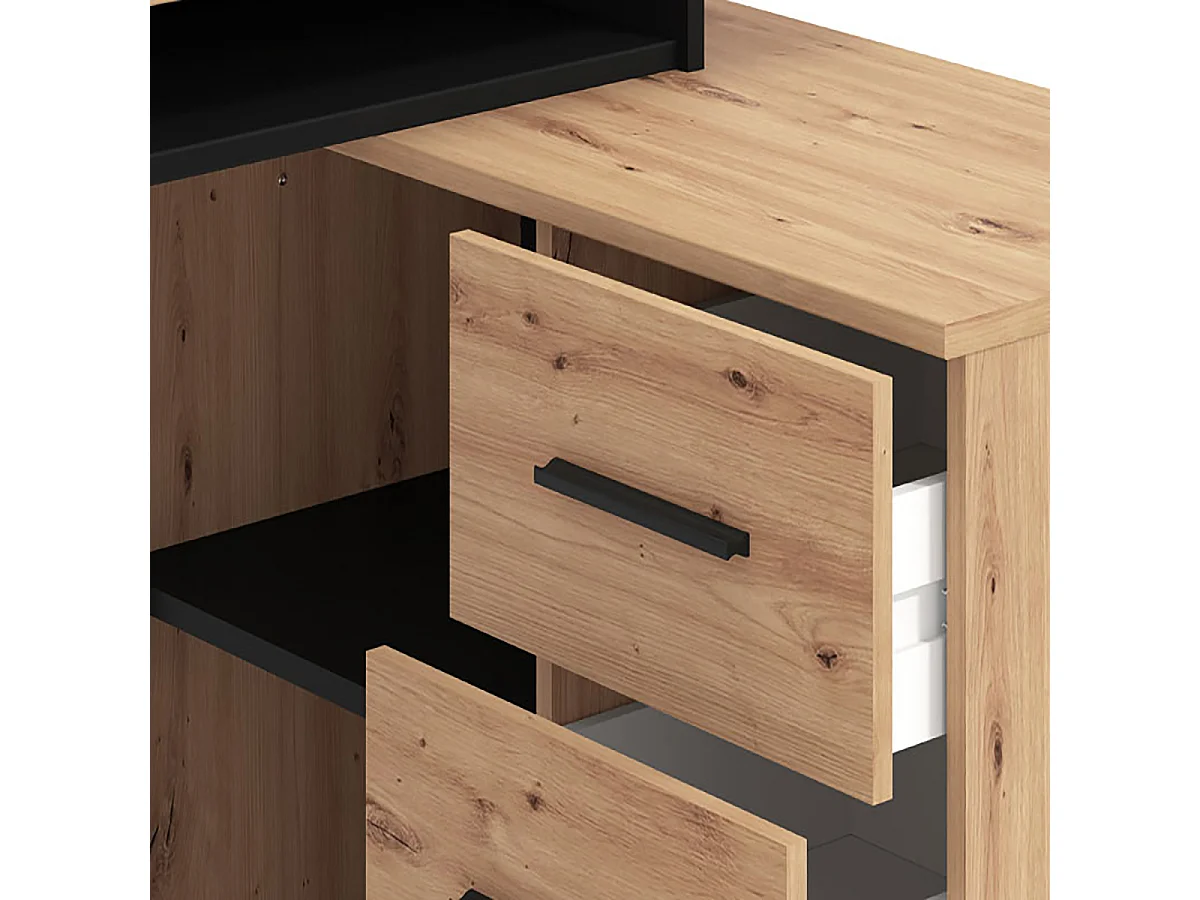 Bureau d'angle avec rangement couleur chêne artisan / noir - Longueur 137,5 x profondeur 101,5 x hauteur 75cm