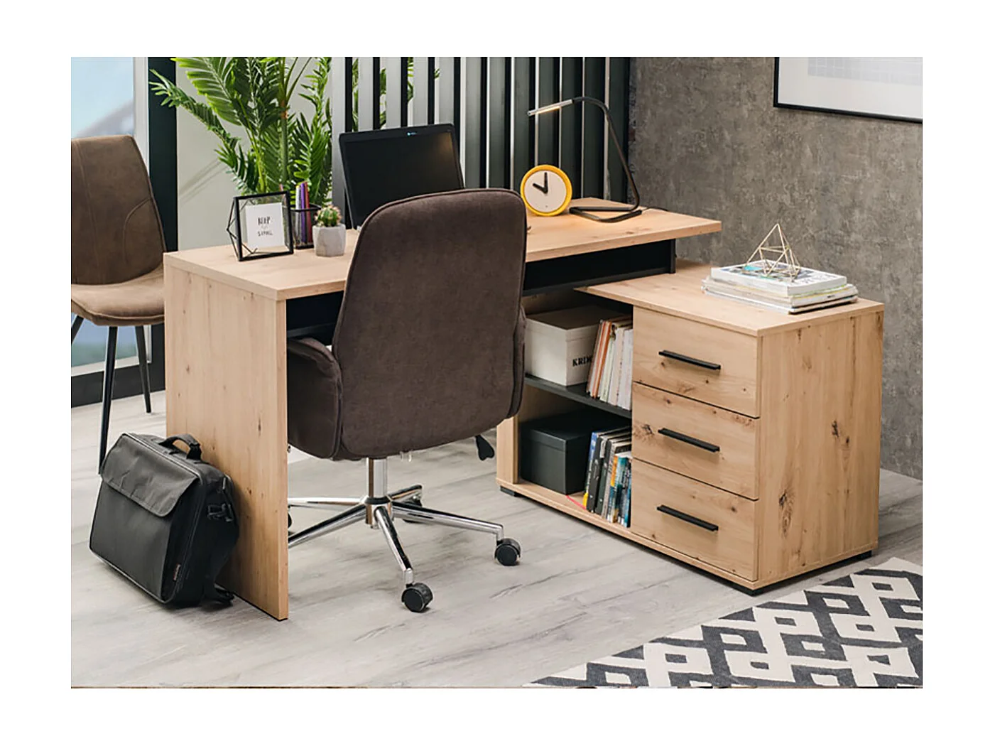 Bureau d'angle avec rangement couleur chêne artisan / noir - Longueur 137,5 x profondeur 101,5 x hauteur 75cm