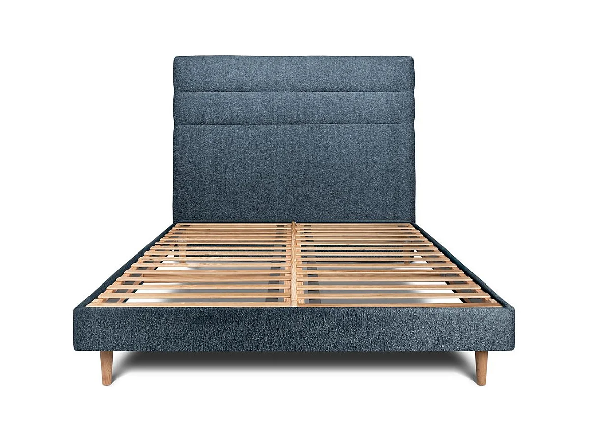 Lit 160x200cm avec tête de lit lignes bouclette et sommier kit Bleu - Hauteur totale : 29cm