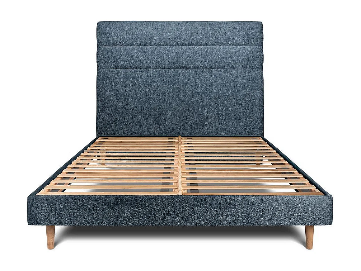 Lit 160x200cm avec tête de lit lignes bouclette et sommier kit Bleu - Hauteur totale : 29cm