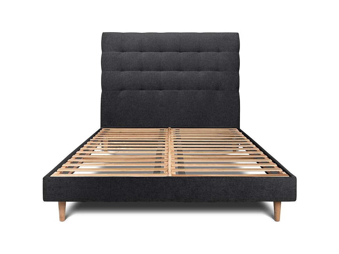 Lit 150x200cm avec tête de lit capitonnée tissu et sommier kit Noir - Hauteur totale : 29cm