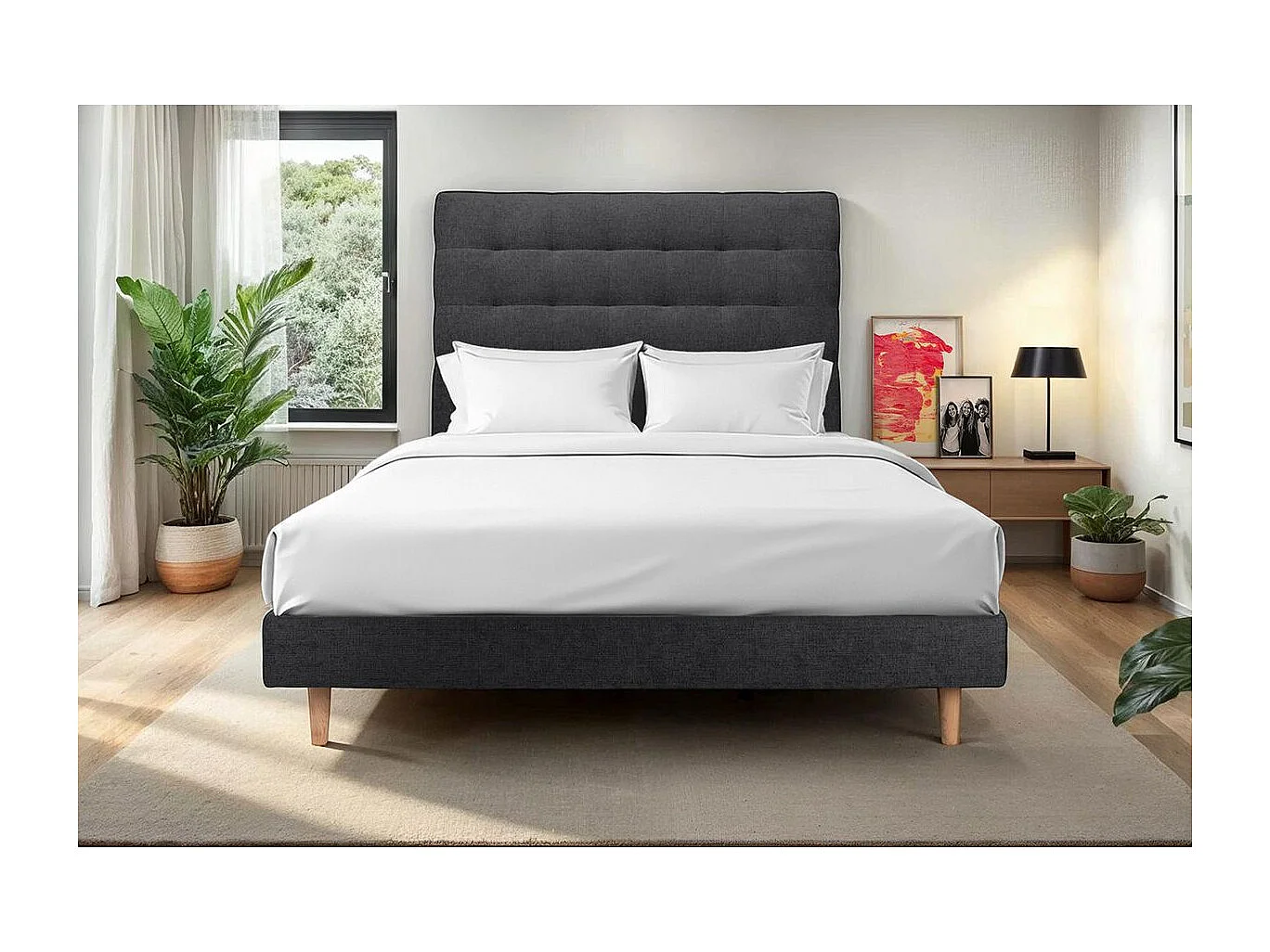 Lit 150x200cm avec tête de lit capitonnée tissu et sommier kit Noir - Hauteur totale : 29cm