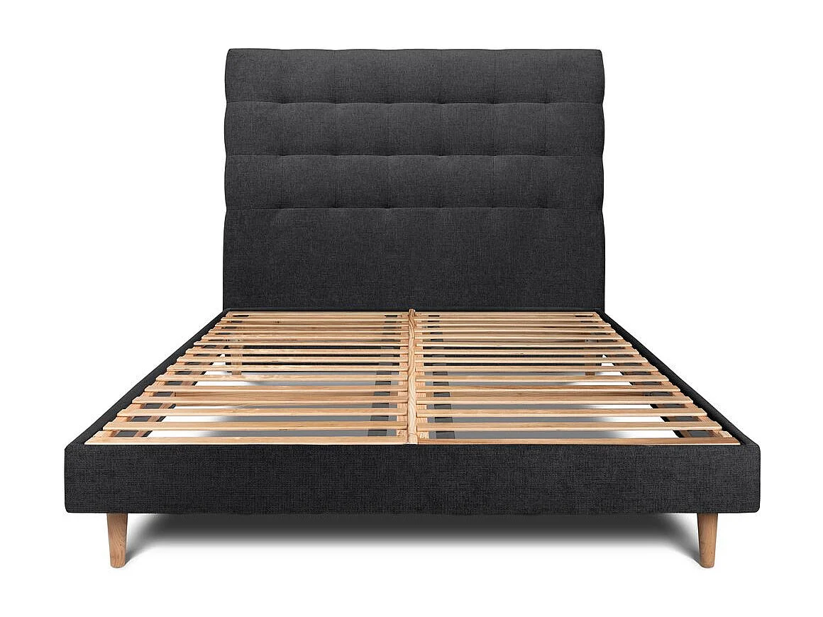 Lit 150x200cm avec tête de lit capitonnée tissu et sommier kit Noir - Hauteur totale : 29cm