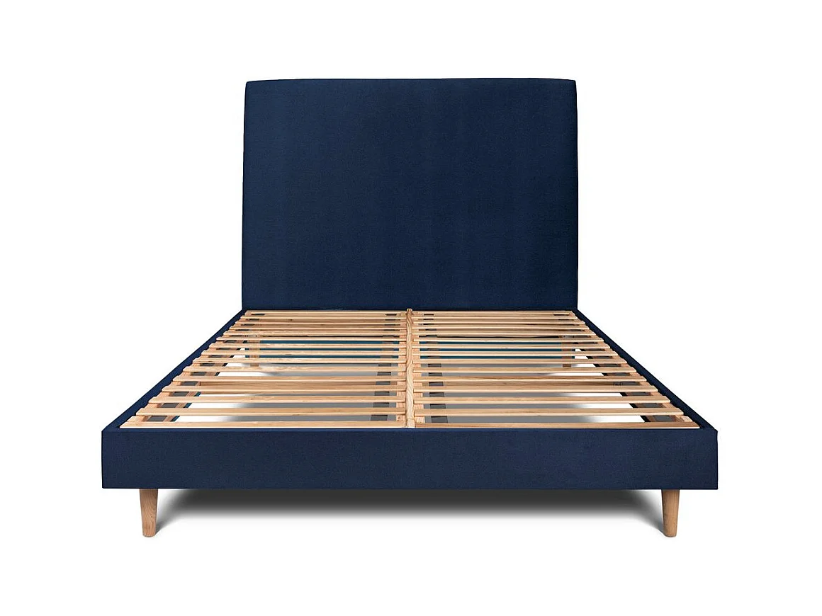Lit 160x200cm avec tête de lit tapissier velours et sommier kit Bleu - Hauteur totale : 29cm