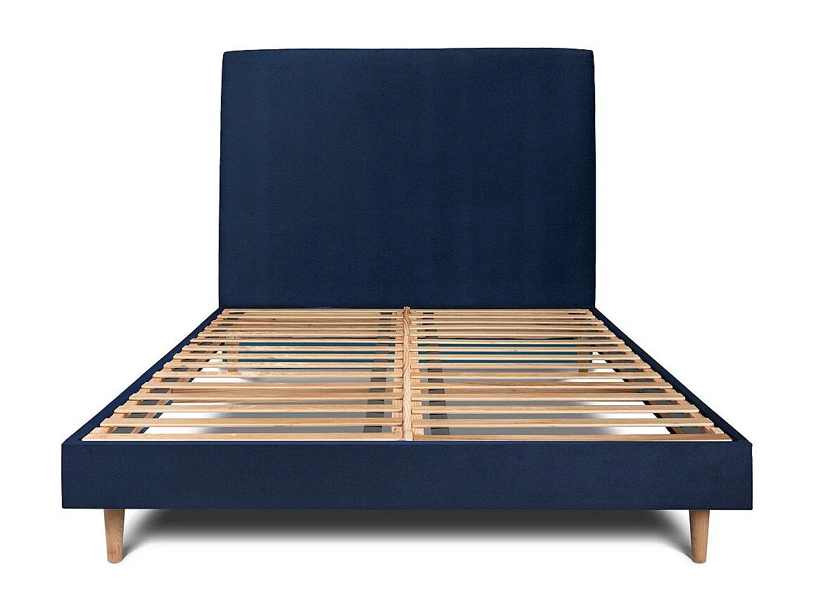 Lit 160x200cm avec tête de lit tapissier velours et sommier kit Bleu - Hauteur totale : 29cm