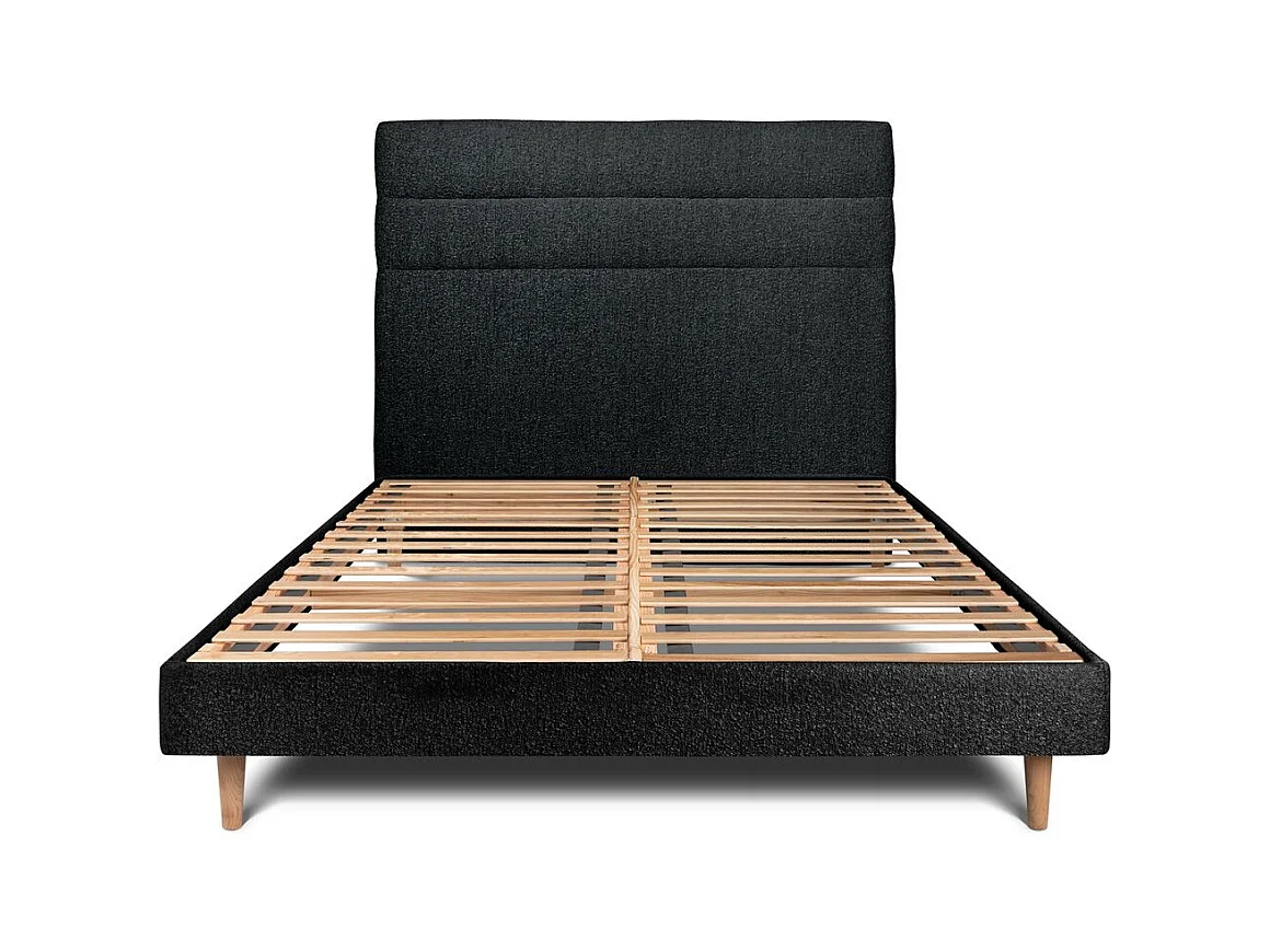 Lit 160x200cm avec tête de lit lignes bouclette et sommier kit Noir - Hauteur totale : 29cm