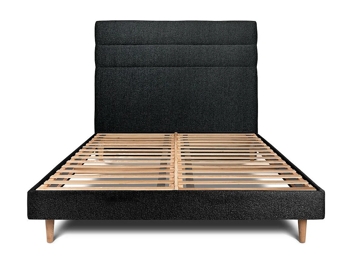 Lit 160x200cm avec tête de lit lignes bouclette et sommier kit Noir - Hauteur totale : 29cm