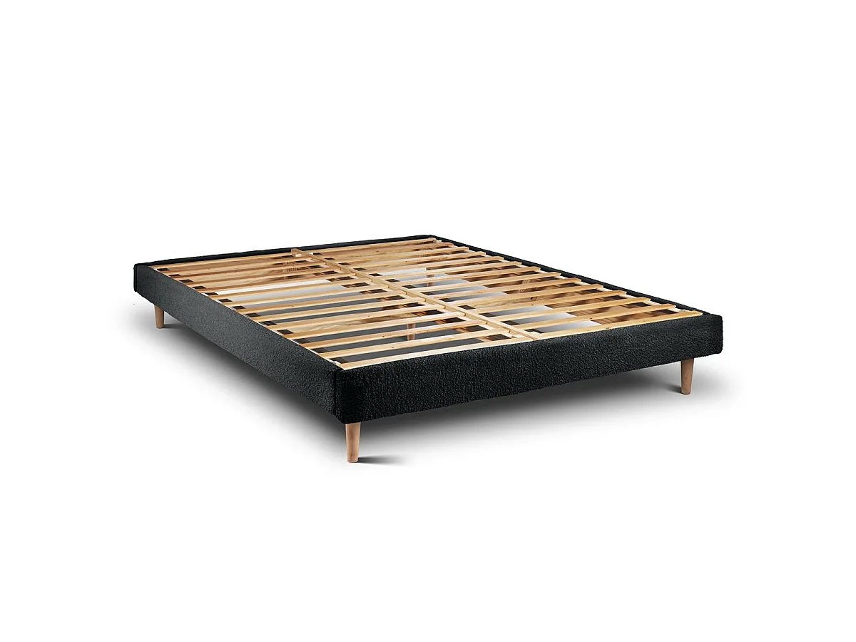 Lit 160x200cm avec tête de lit lignes bouclette et sommier kit Noir - Hauteur totale : 29cm