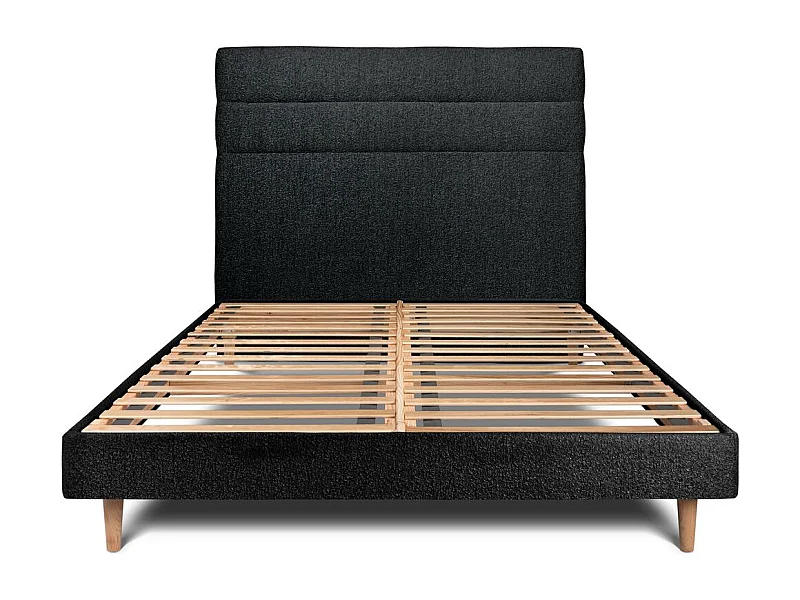Lit 160x200cm avec tête de lit lignes bouclette et sommier kit Noir - Hauteur totale : 29cm