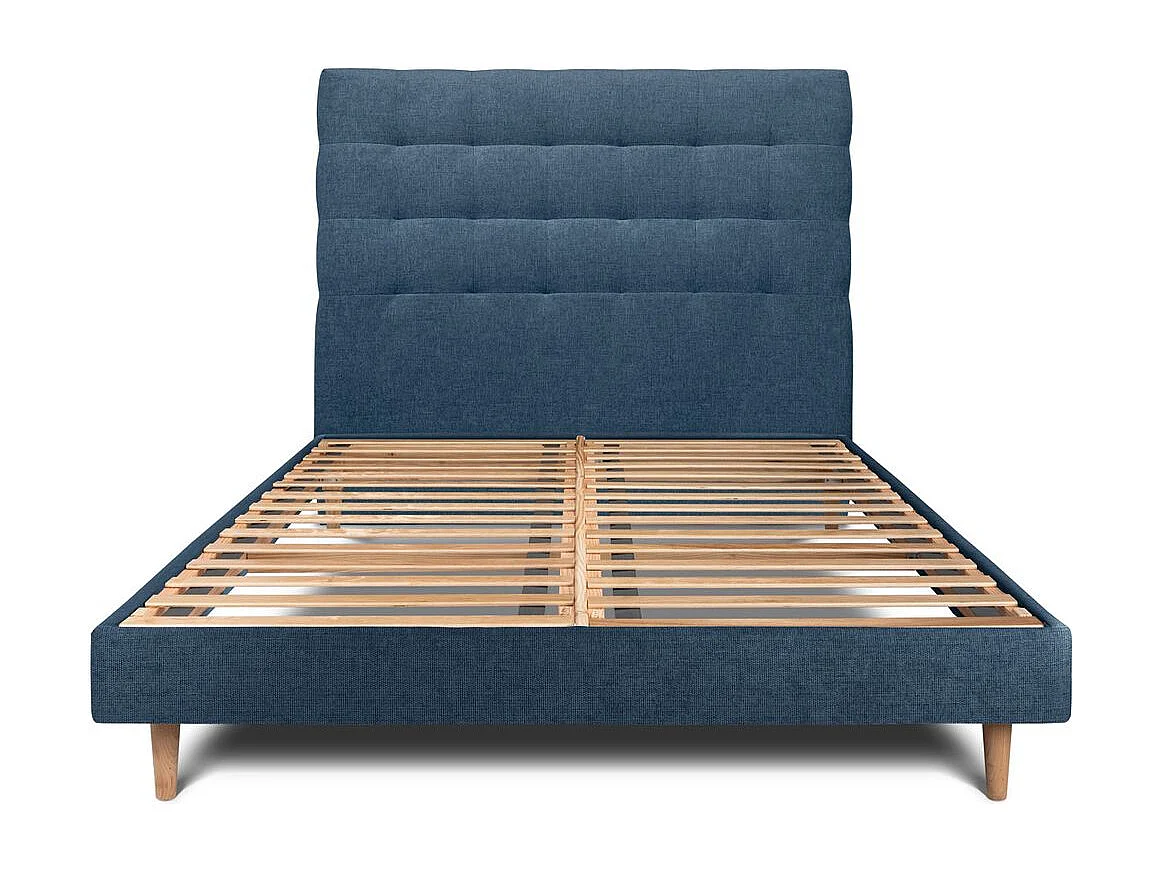 Lit 150x200cm avec tête de lit capitonnée tissu et sommier kit Bleu - Hauteur totale : 29cm